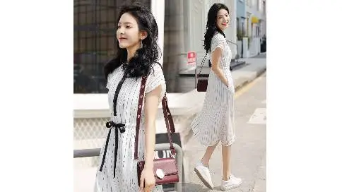 系带白色条纹韩版连衣裙修身显瘦优雅气质女神范2019年夏季新款